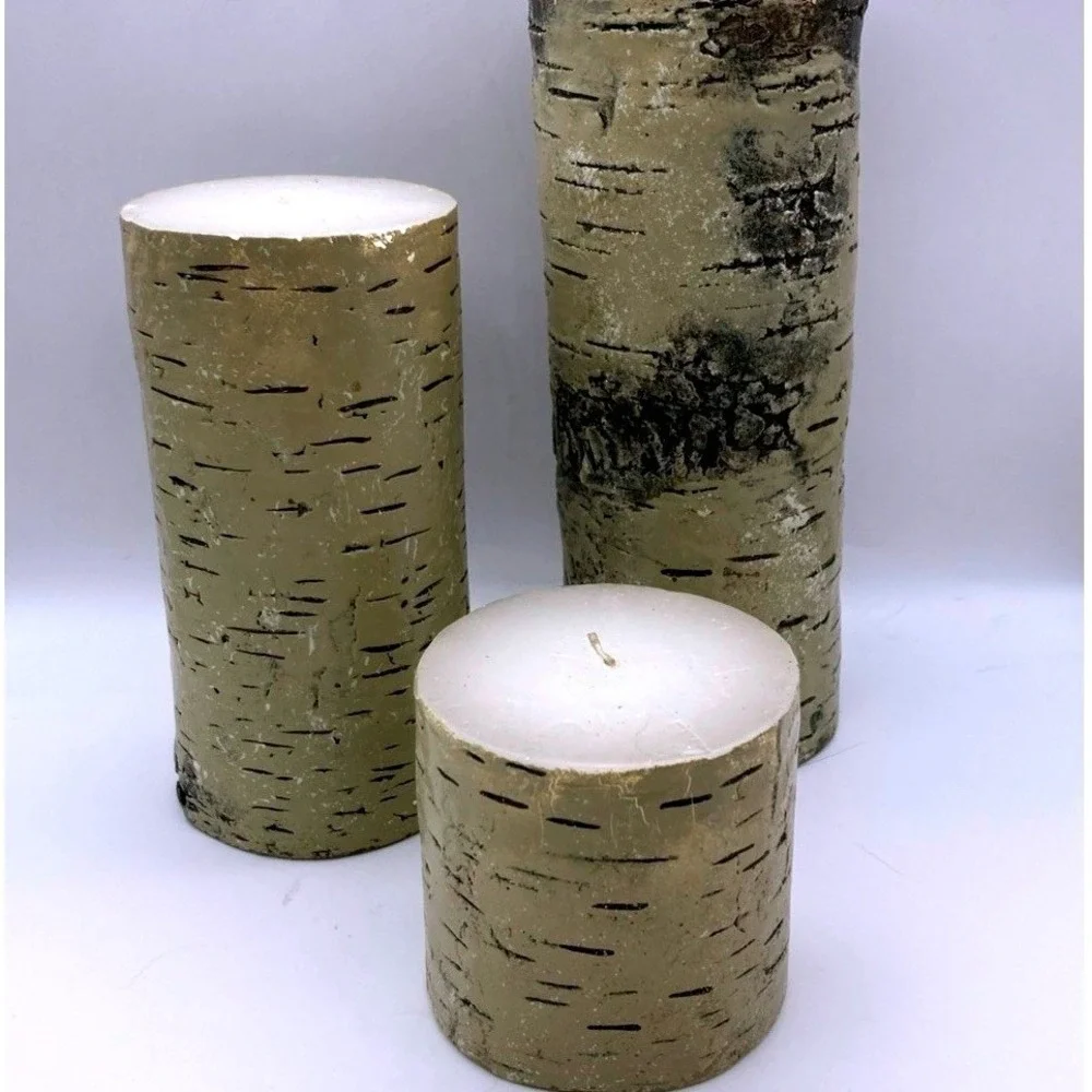 Pier One Faux Birch Candles Pedestal Set (3) Christmas Winter Rustic Cabin